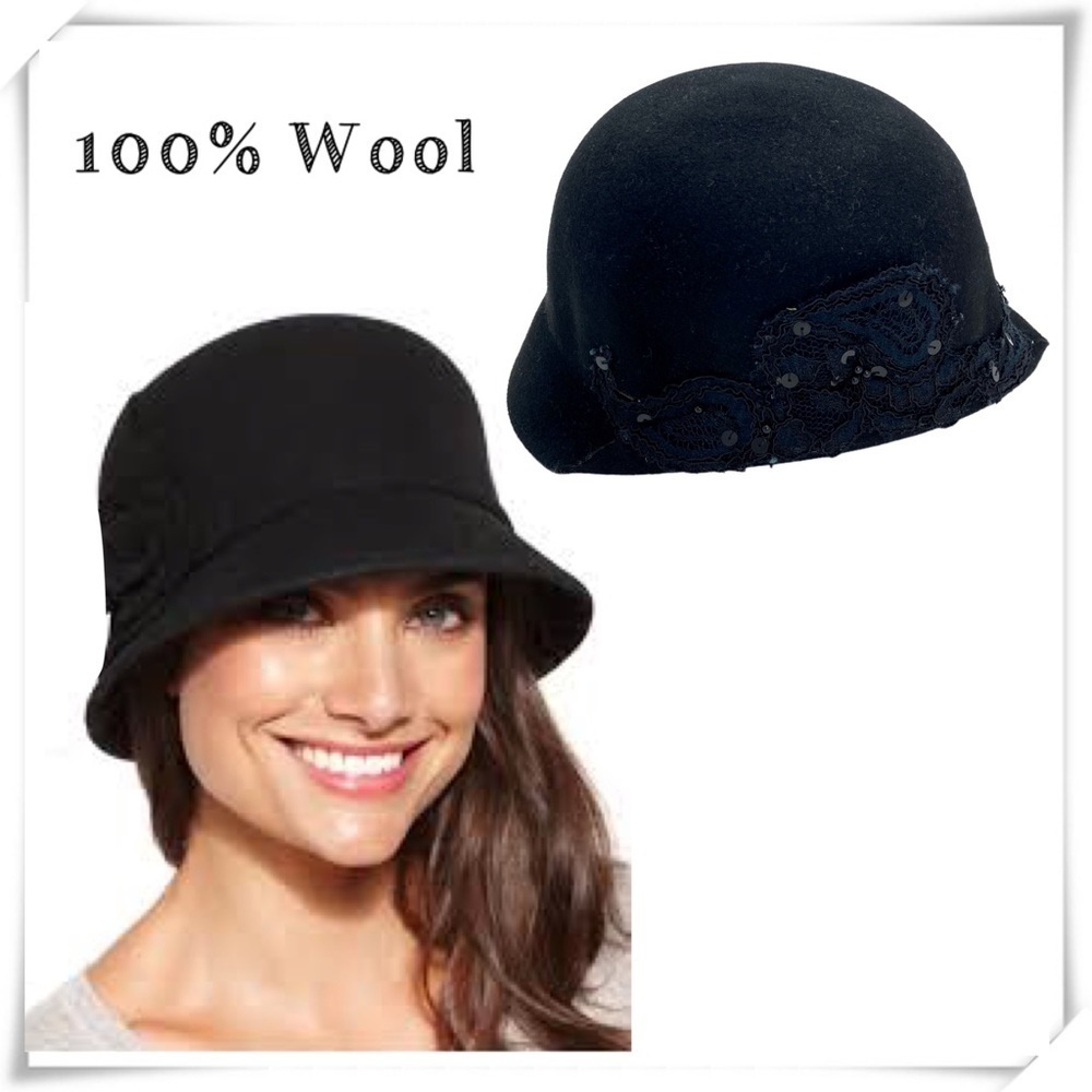 1920S Vintage Style Lace Applique Wool Felt Cloche Hat In Black